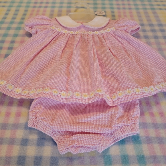 BRIGHT FUTURE ♡ Vintage 2pc Pink|White Daisy Floral Seersucker Dress Outfit 0-3M - Picture 9 of 15